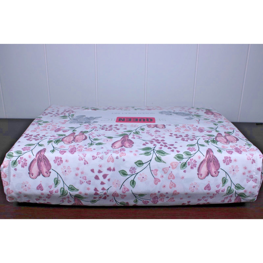 Shabby Chic Farmhouse Cottage Queen Sheet Set Pink and Mauve Lovebirds & Hearts
