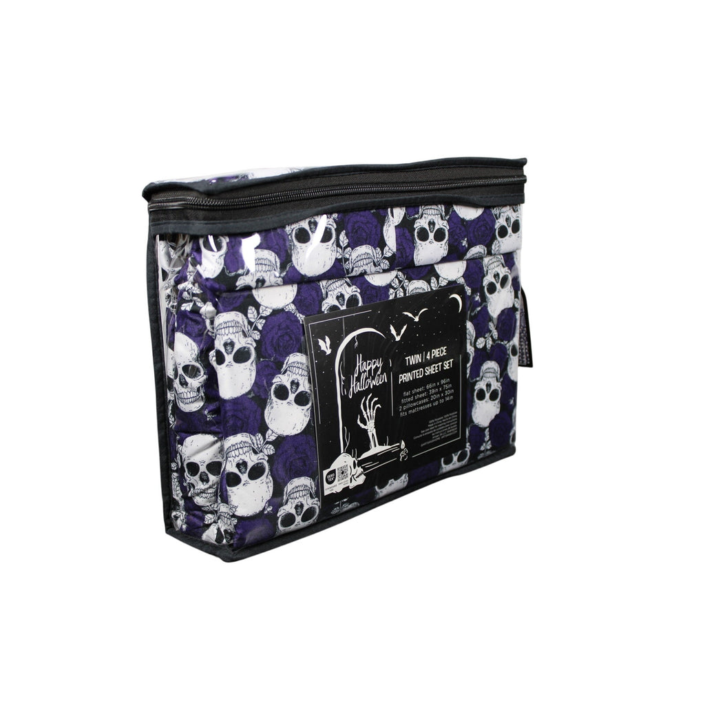Halloween Goth Style TWIN 4 Piece Sheet Set Skulls Purple Roses - NEW