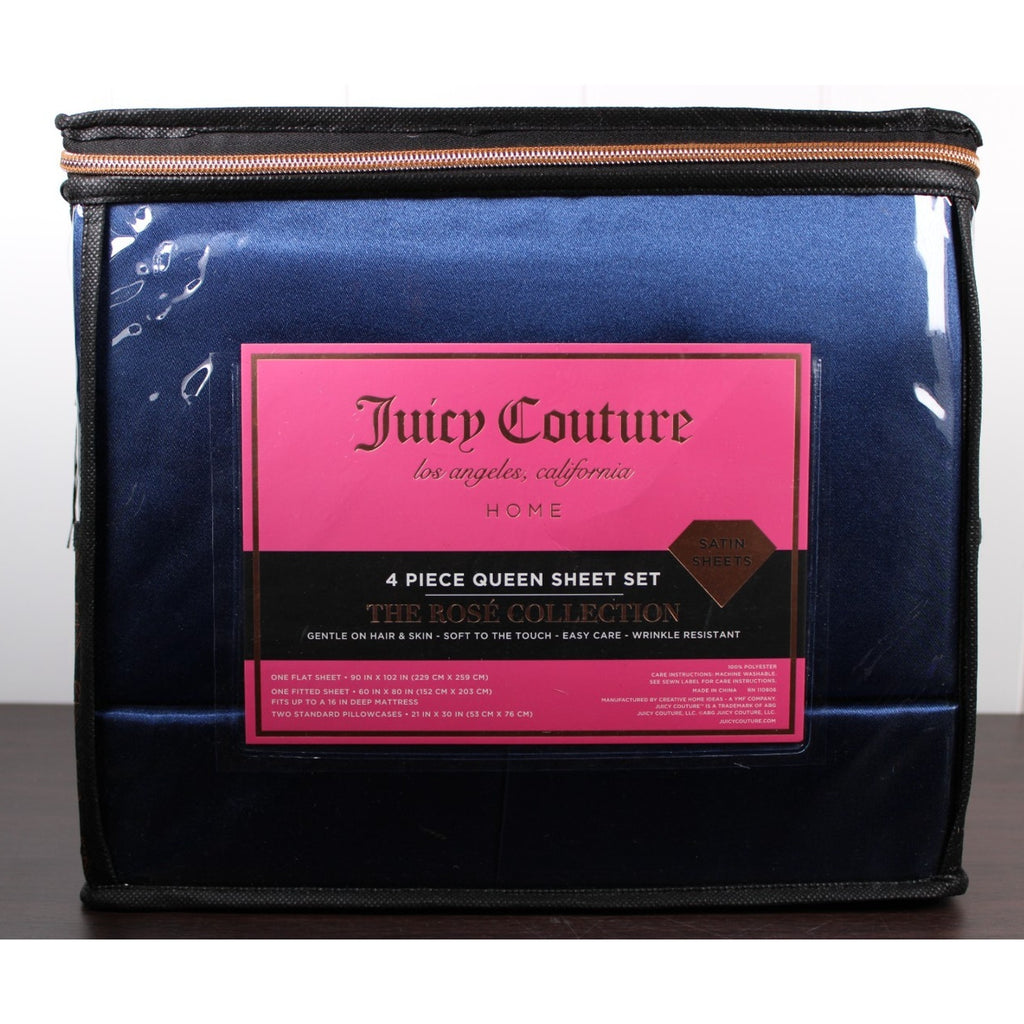 Juicy Couture Royal Blue Satin 4pc QUEEN Sheet Set Easy Care Soft Sleek Smooth