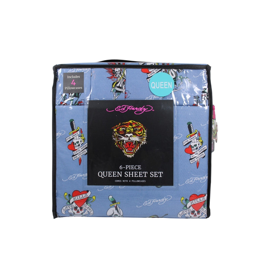 Ed Hardy QUEEN Sheet Set Blue Motorcycle Skull Love Kills Slowly Dagger 6 Piece