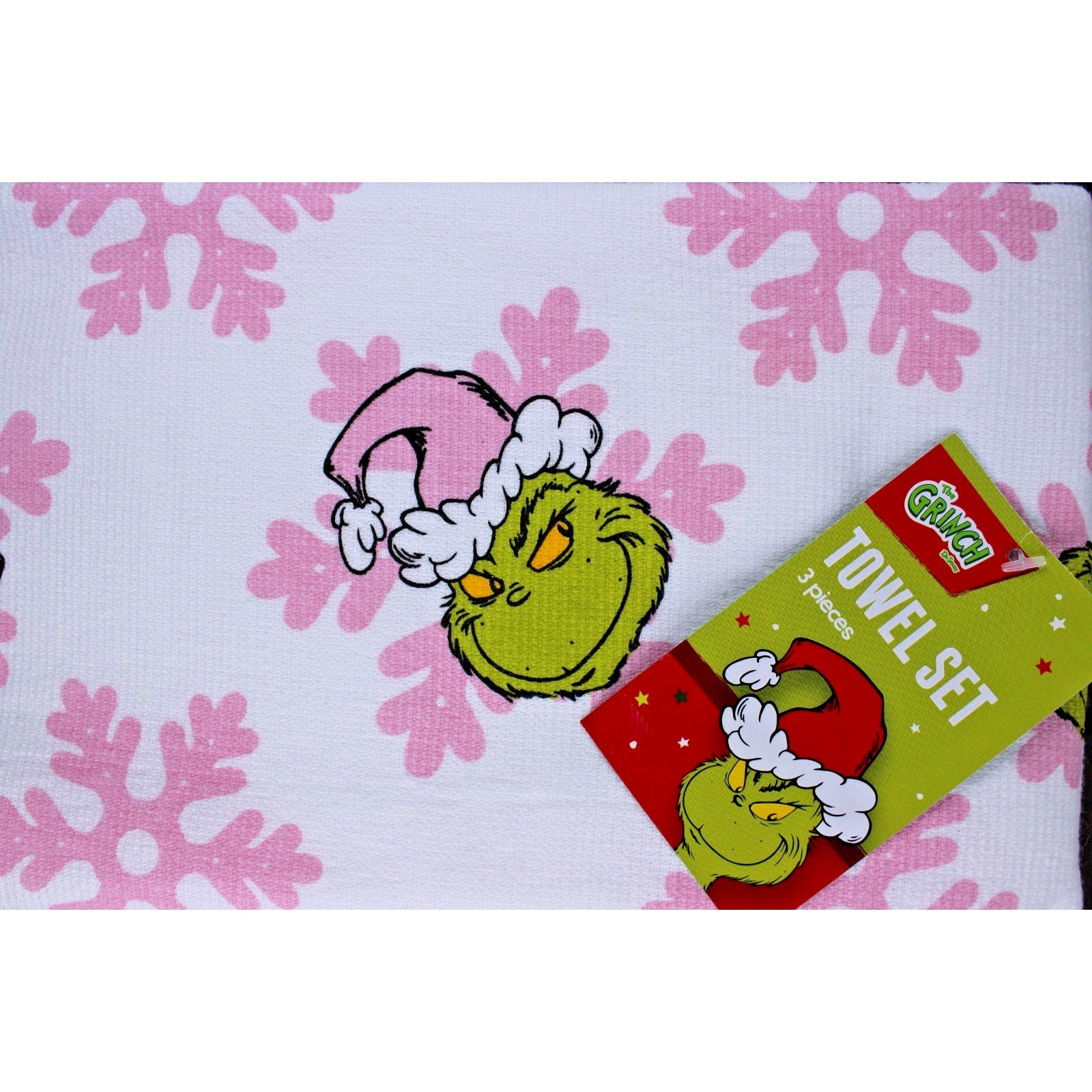Dr. Seuss The Grinch Pink Snowflakes and Santa Hats Kitchen Towels Set of 3