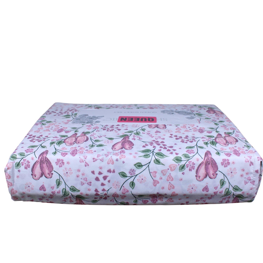Shabby Chic Farmhouse Cottage Queen Sheet Set Pink and Mauve Lovebirds & Hearts