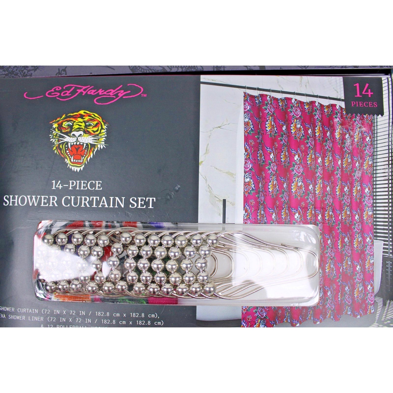 Ed Hardy 14 Piece Shower Curtain Set, Pink With Butterfly Skulls NWT