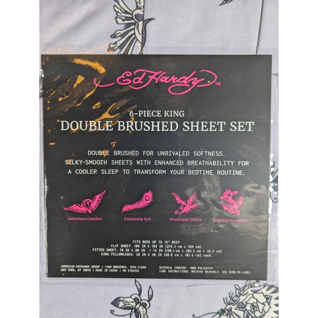 Ed Hardy 6-pc King Sheet Set w/4 Pillowcases, Skulls, Butterflies, Lavender NEW