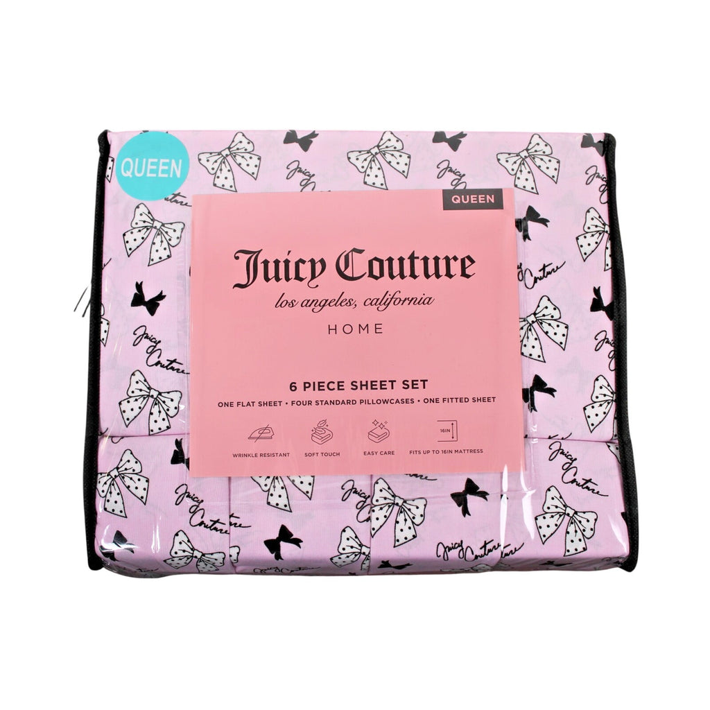 Juicy Couture Queen 6 pc Bed Sheet Set Pink & Black Polka Dot Bows