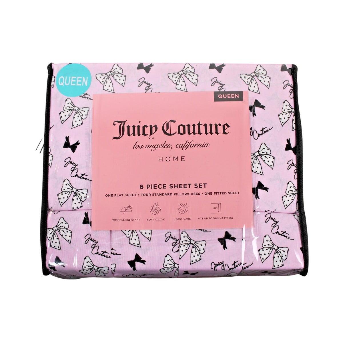 Juicy Couture Queen 6 pc Bed Sheet Set Pink & Black Polka Dot Bows
