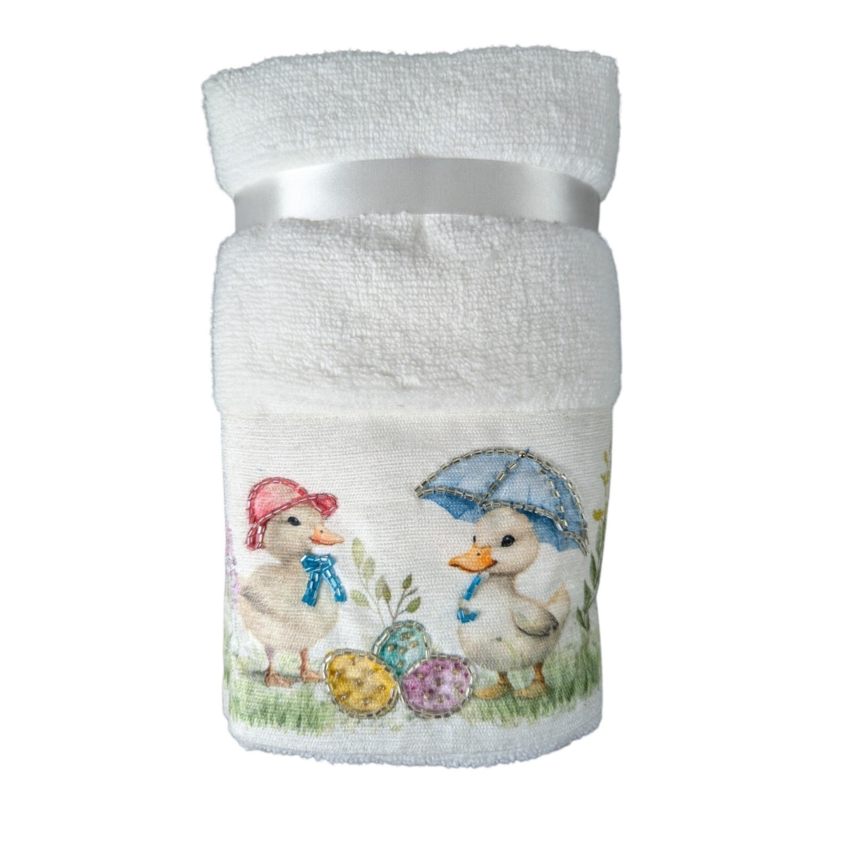 Easter Blessing Beaded Ducks Floral Hand Towels Set of 2, 16x28" 100% Cotton