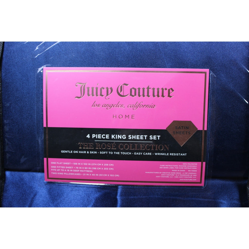 Juicy Couture Royal Blue Satin 4pc KING Sheet Set Easy Care Soft Sleek Smooth