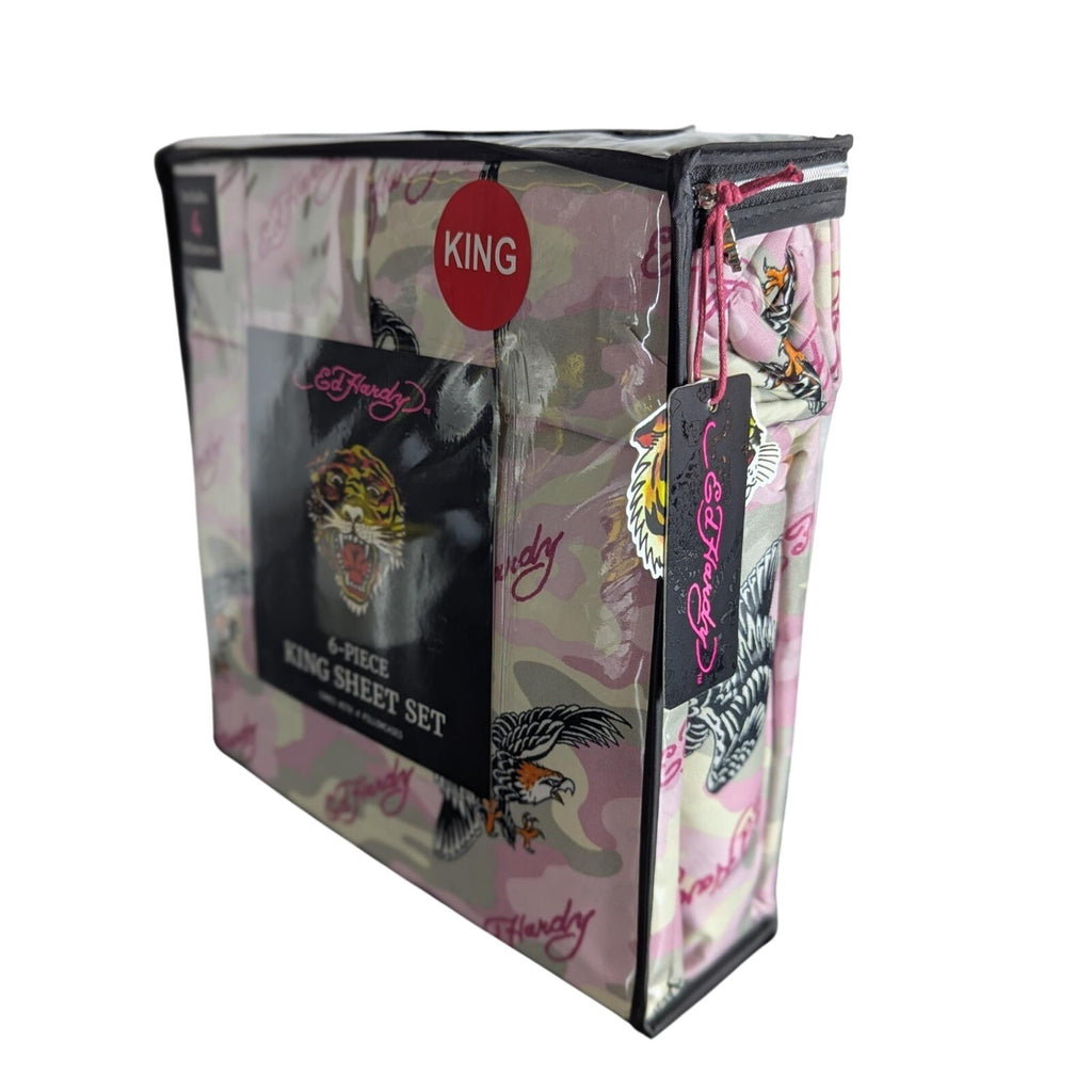 Ed Hardy 6-pc King Sheet Set w/4 Pillowcases Eagle, Black Tiger - NEW
