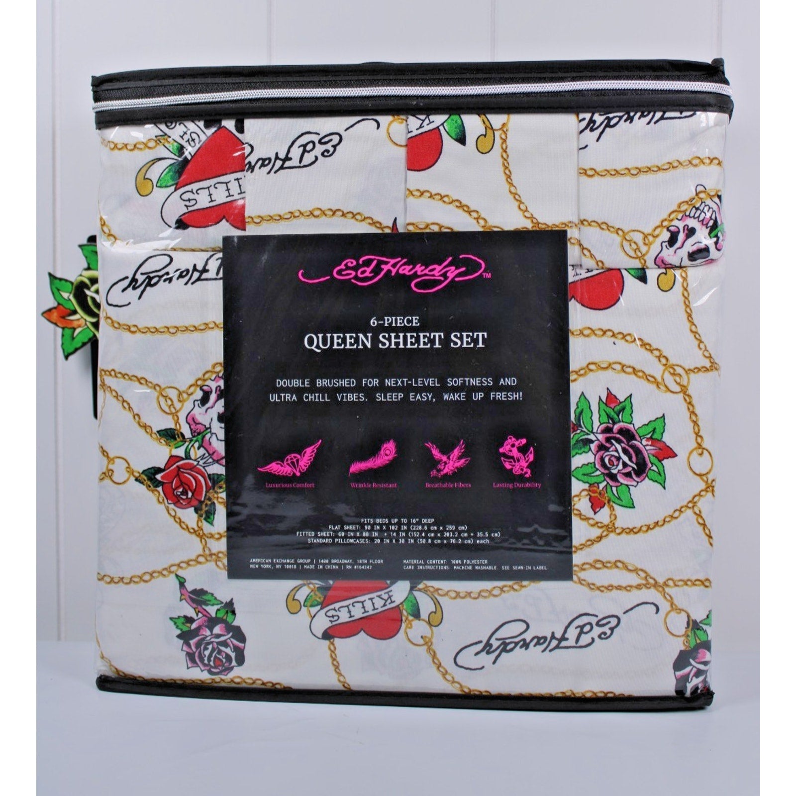 Ed Hardy White 6 pc Queen Sheet Set Skulls Roses Tattoo Print w/4 Pillowcases