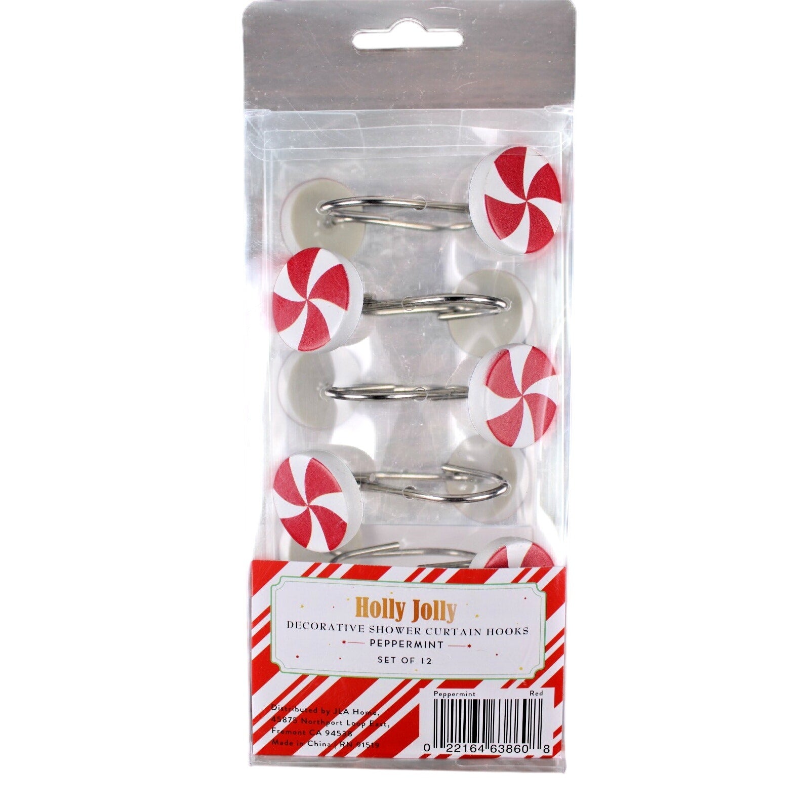 Set of 12 CHRISTMAS PEPPERMINT CANDY SHOWER CURTAIN HOOKS RINGS NIB