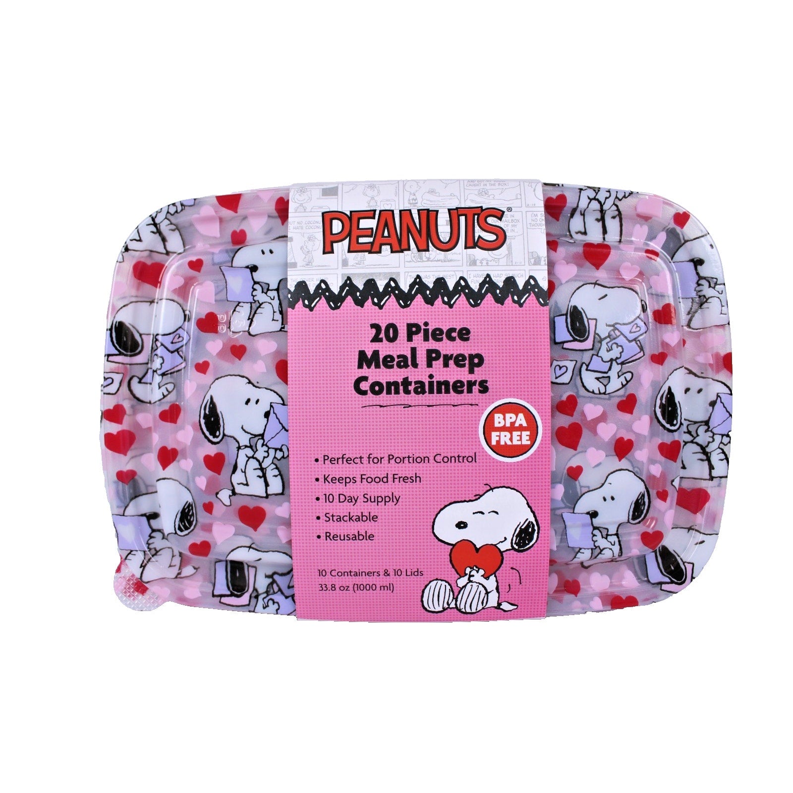 Peanuts Snoopy 20 Piece Meal Prep Food Storage Containers Valentine's Day Pink
