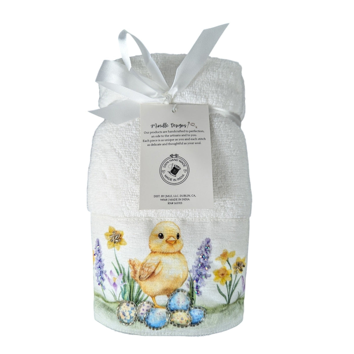 Easter Blessing Beaded Chick Floral Hand Towels Set of 2, 16x28" 100% Cotton
