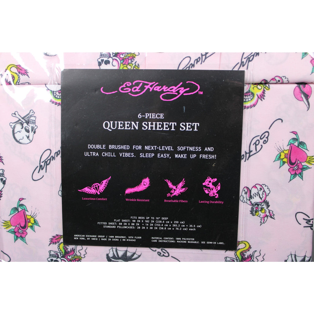 Ed Hardy with Skulls, Bats, Bunnies, Hearts, Flowers  6pc Queen Pink Sheet Set