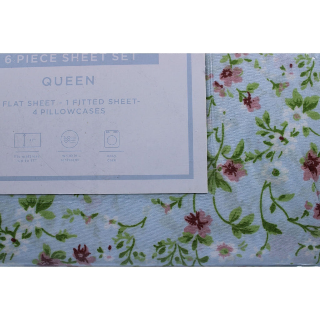 Nanette Lepore Queen 6 Piece Sheet Set Green, Pink Floral, 2 bonus pillowcases