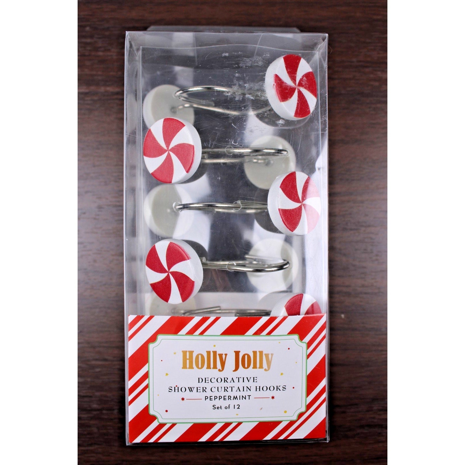 Set of 12 CHRISTMAS PEPPERMINT CANDY SHOWER CURTAIN HOOKS RINGS NIB