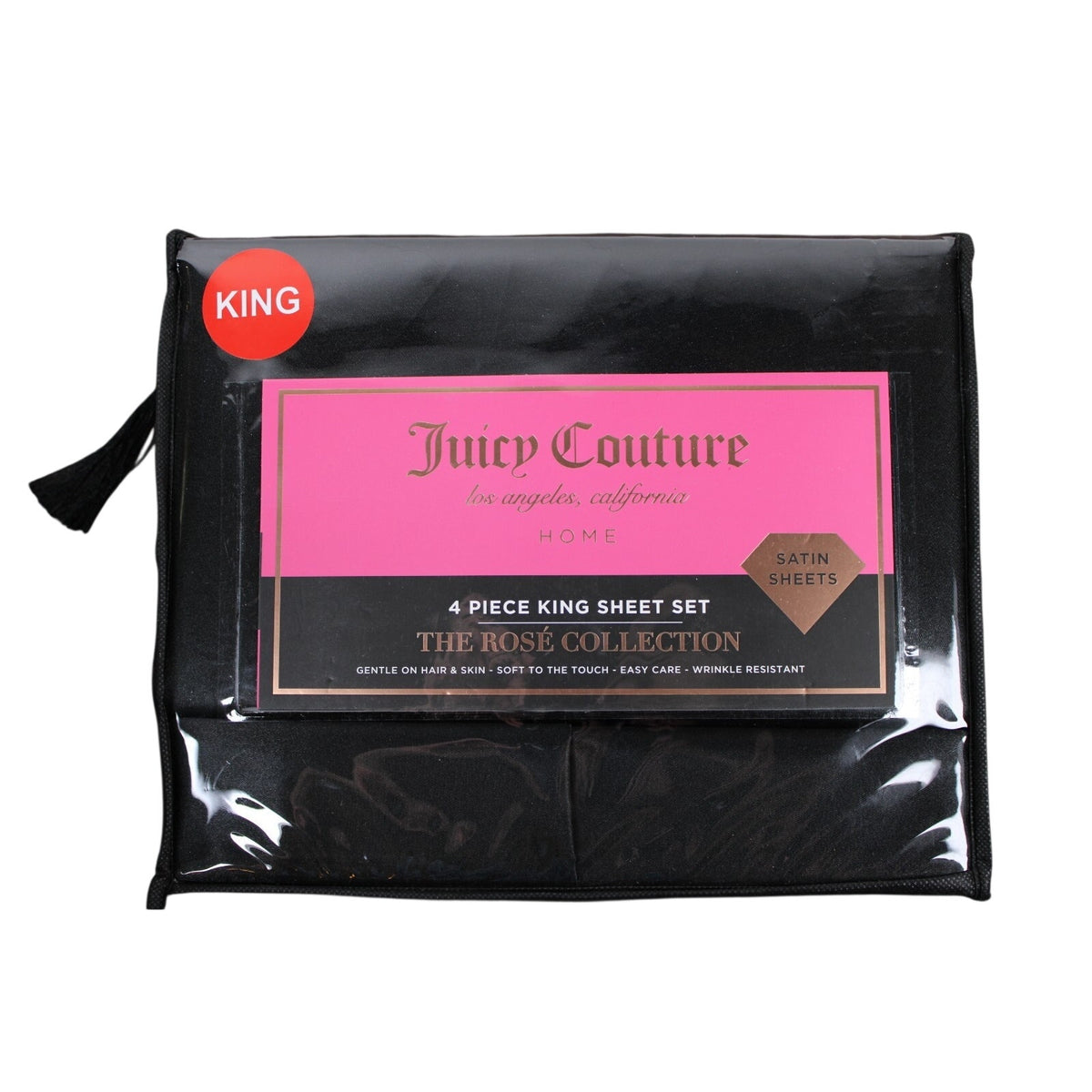 Juicy Couture Black Satin 4pc KING Sheet Set Easy Care Soft Sleek Smooth