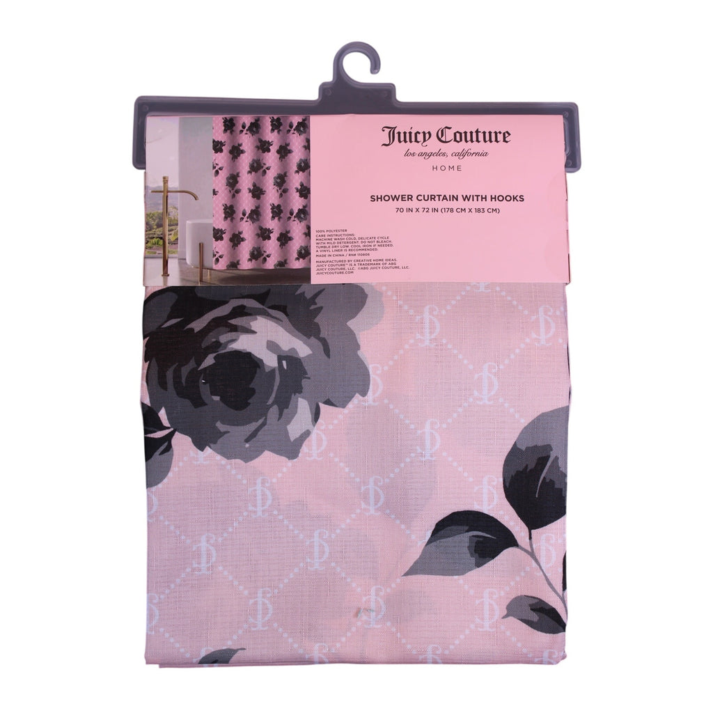 New Juicy Couture Pink Black Roses JC Logo,  Fabric Shower Curtain 12 Hooks