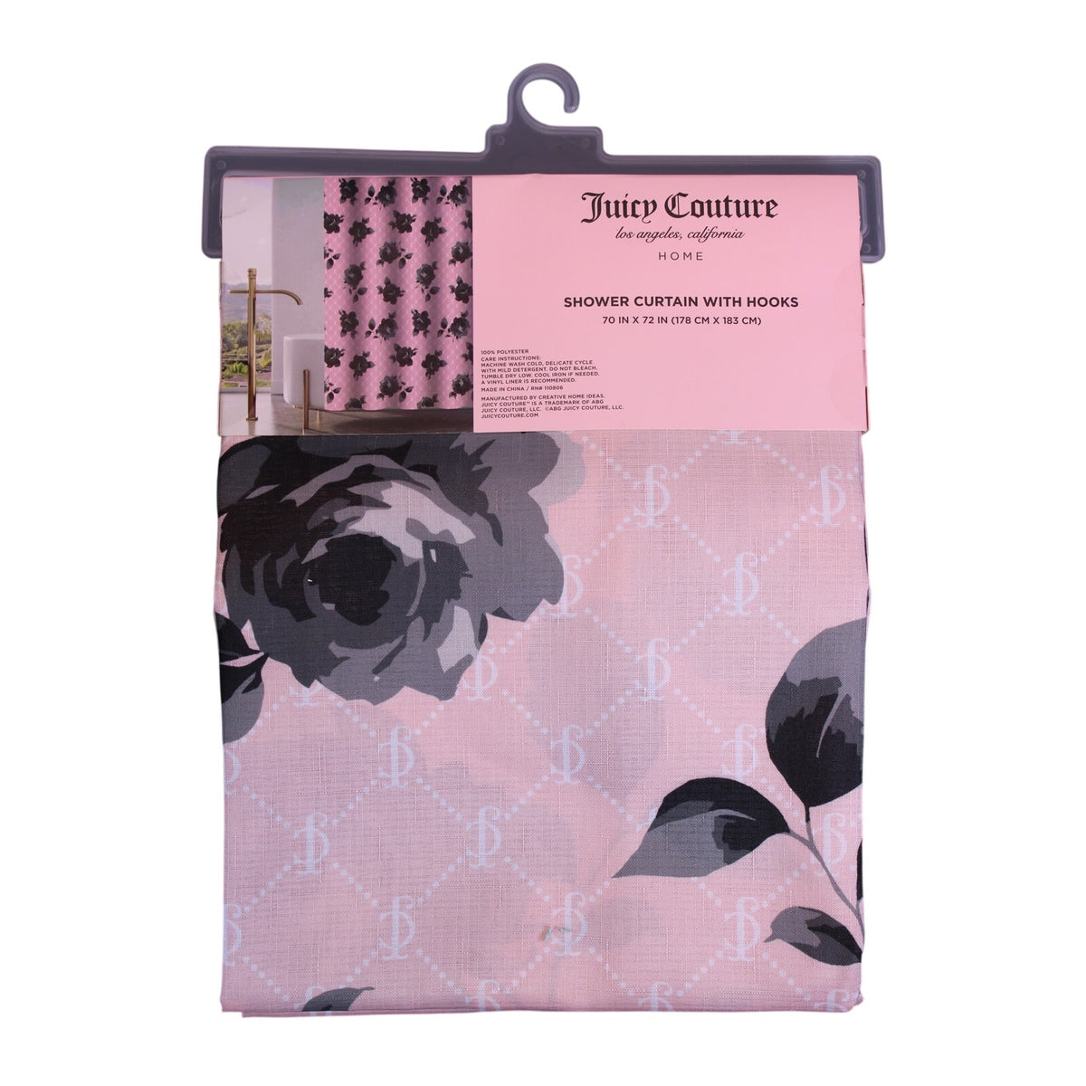 New Juicy Couture Pink Black Roses JC Logo,  Fabric Shower Curtain 12 Hooks