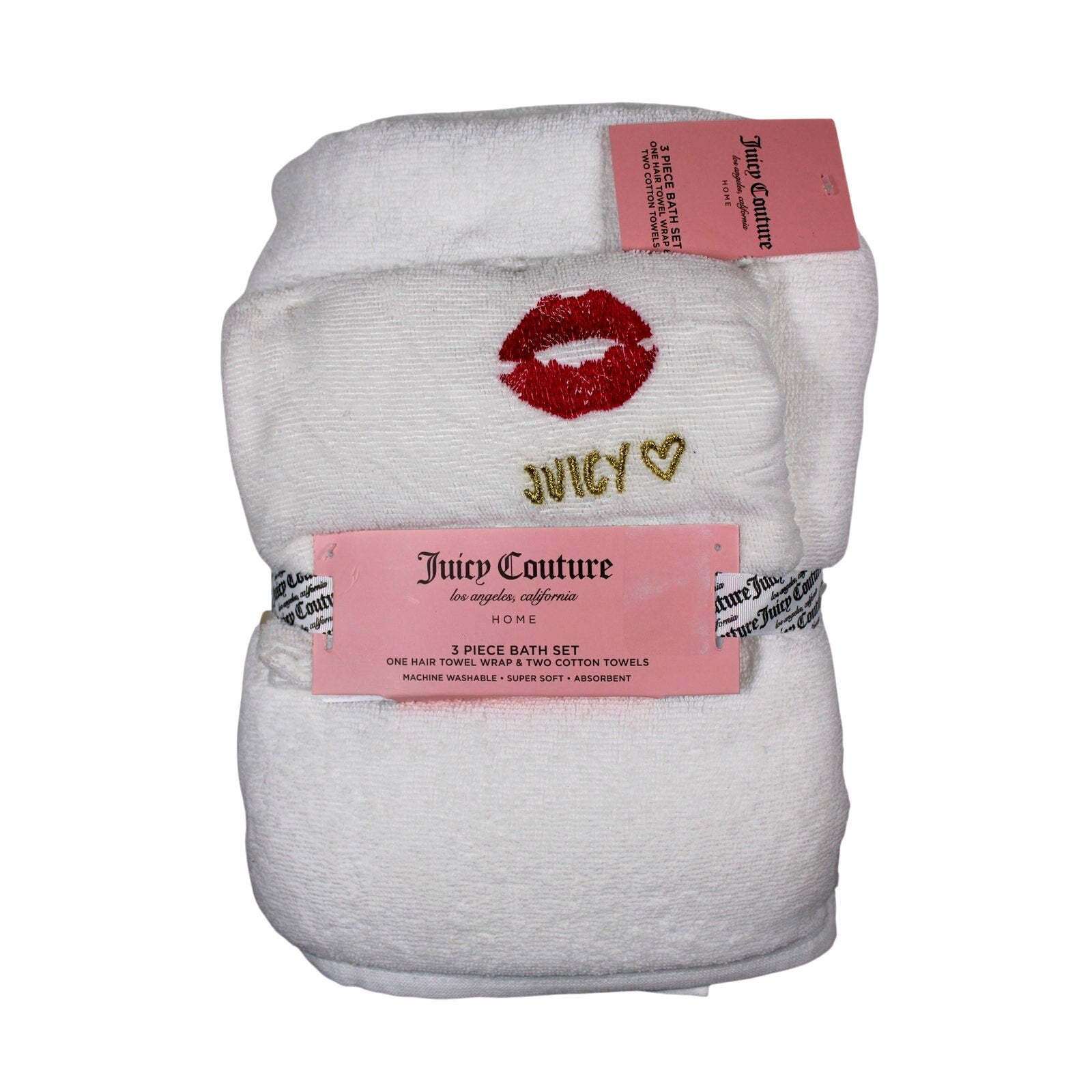 White Juicy Couture Lip Print 3-PC Bath Set Hair Wrap Towel Two Cotton Towels
