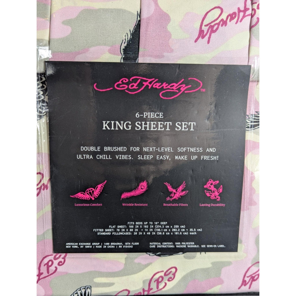 Ed Hardy 6-pc King Sheet Set w/4 Pillowcases Eagle, Black Tiger - NEW