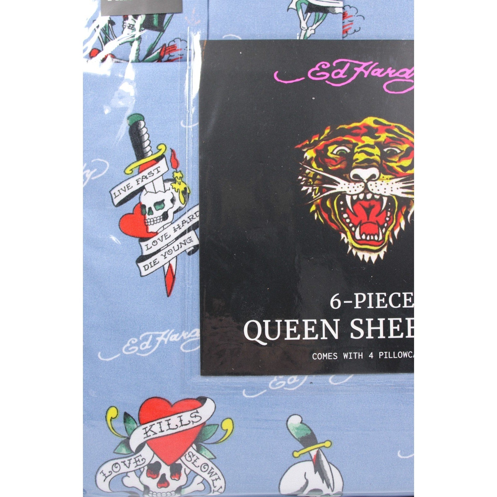 Ed Hardy QUEEN Sheet Set Blue Motorcycle Skull Love Kills Slowly Dagger 6 Piece