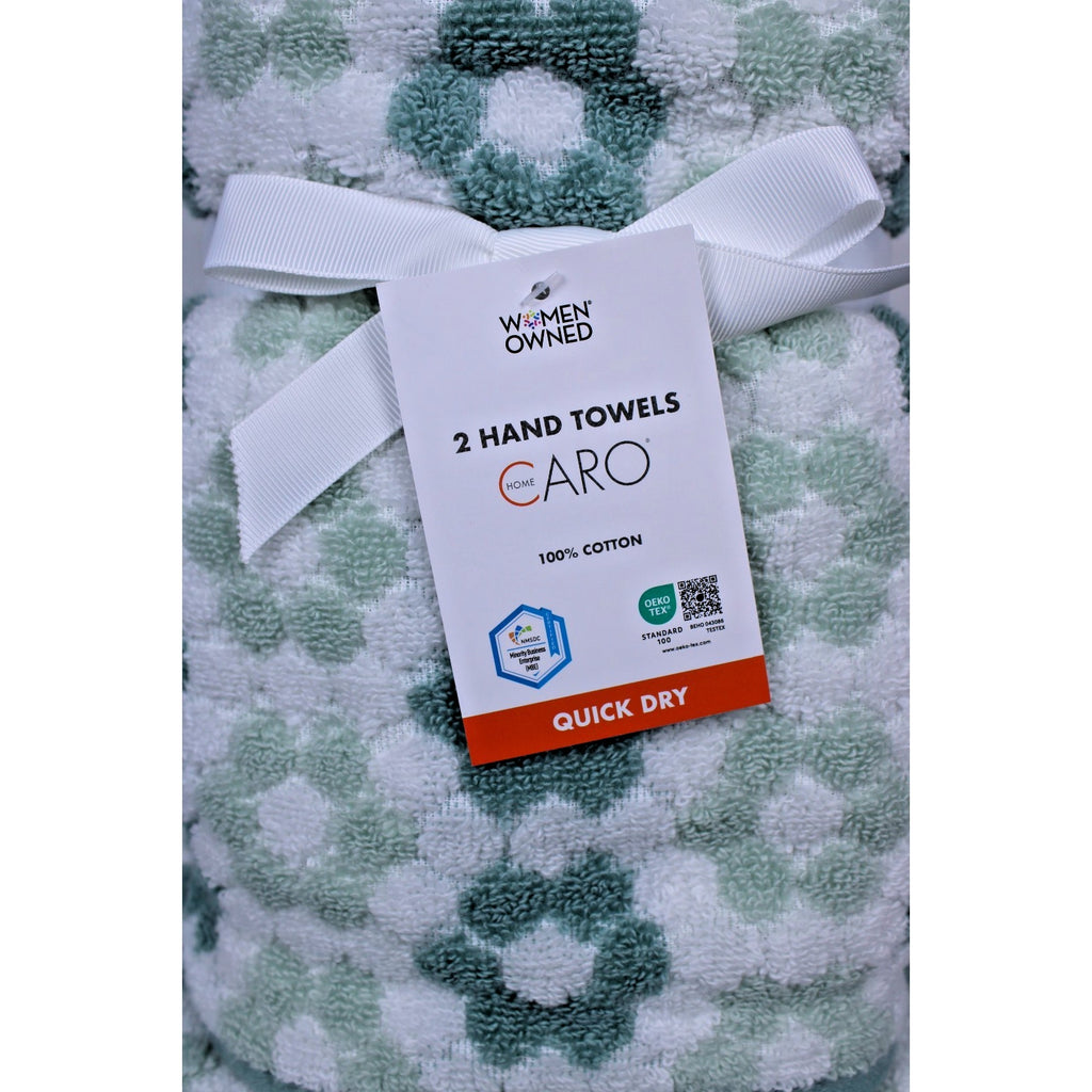 4pc CARO Home (2) Bath (2) Hand Towels Dark Sage, Daisies 100% Cotton, Quick Dry