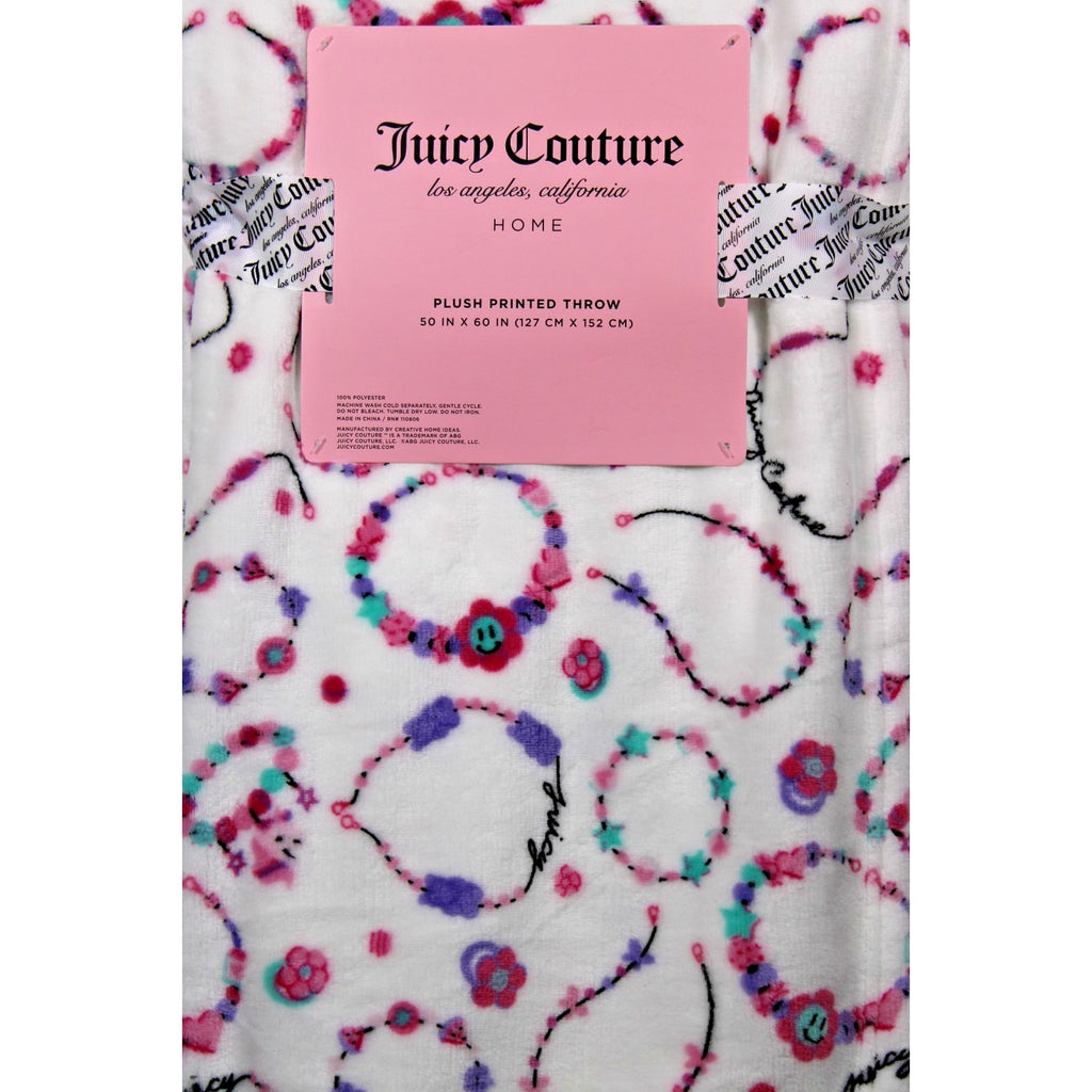 Juicy Couture Plush Throw Blanket 50"x60” Bracelet Juicy Print Pink White Soft