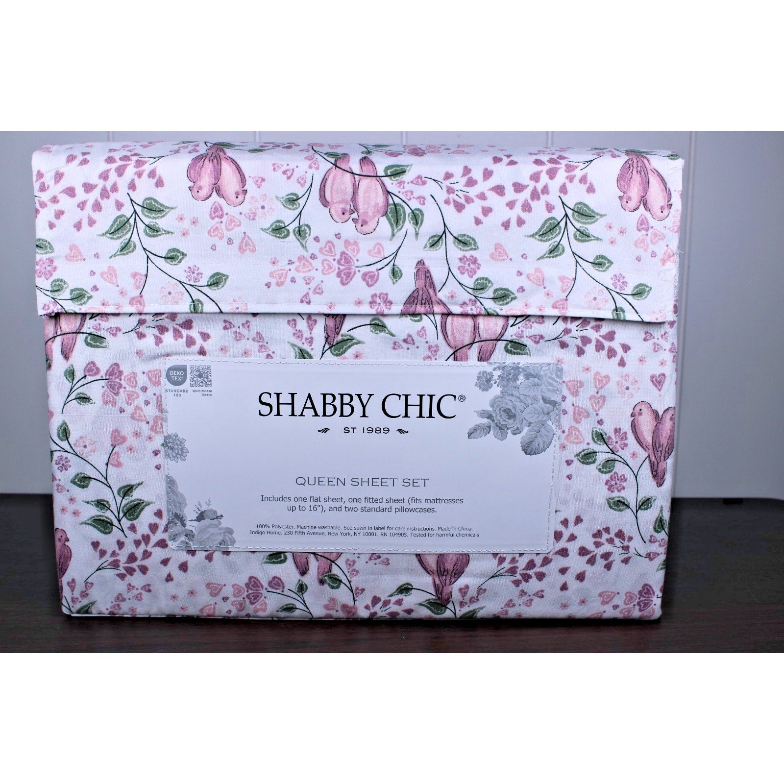 Shabby Chic Farmhouse Cottage Queen Sheet Set Pink and Mauve Lovebirds & Hearts