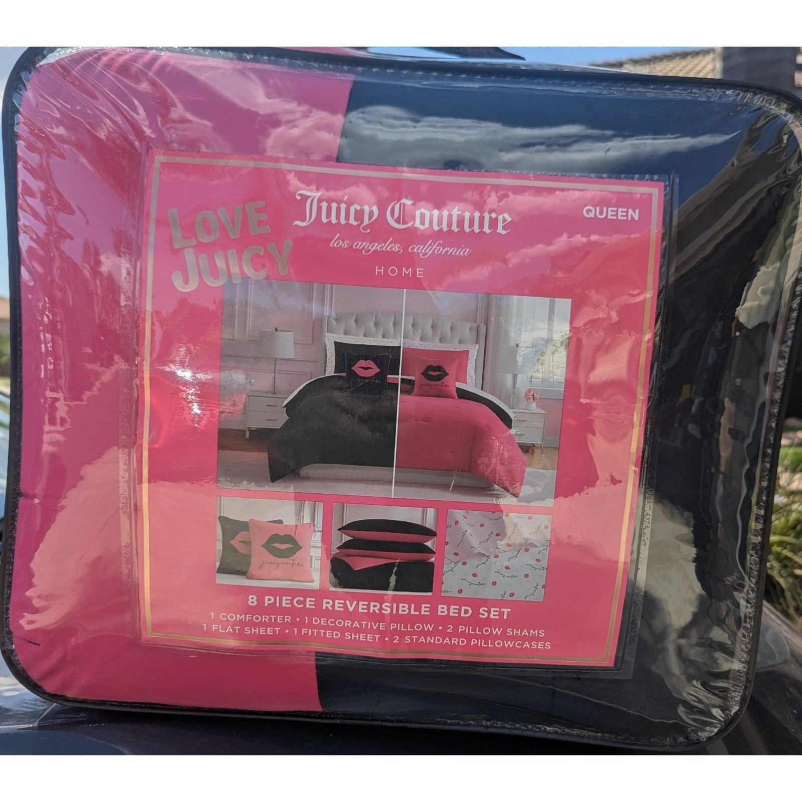Juicy Couture Reversible Black/Pink Kisses QUEEN 8p Comforter Set Sheets&Pillow