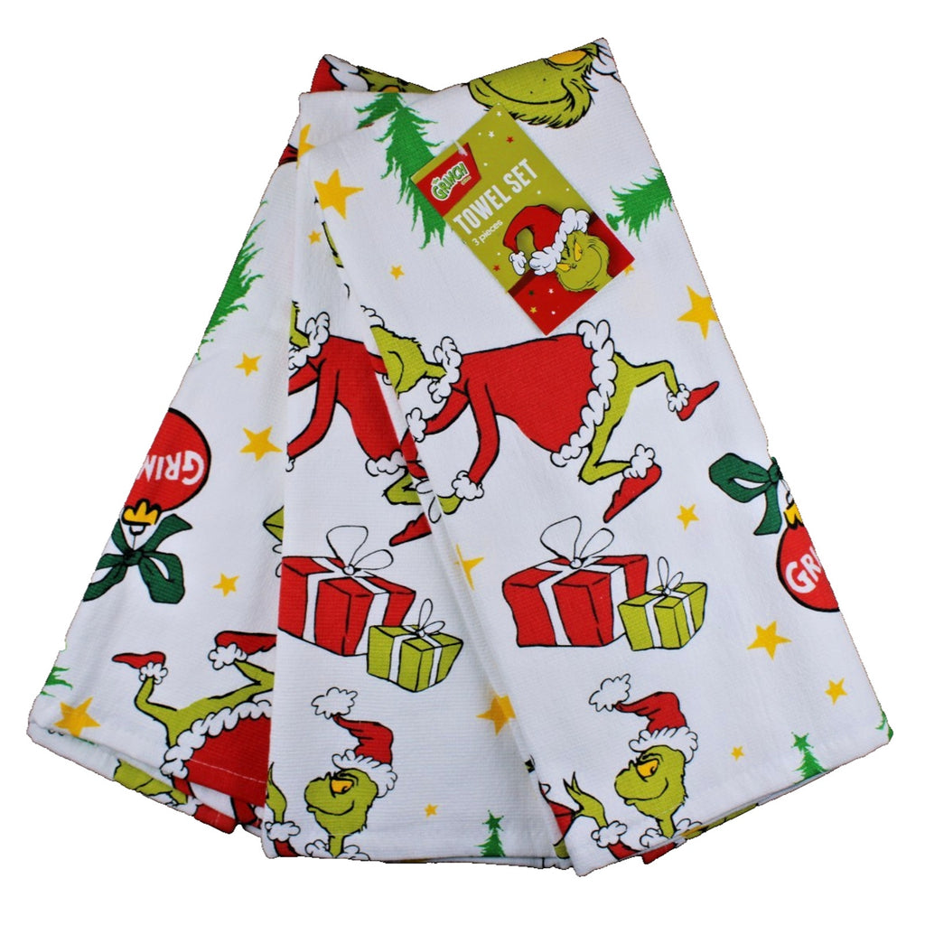 Set Of 3 Dr. Seuss The Grinch Stealing Gifts Christmas Kitchen Towels