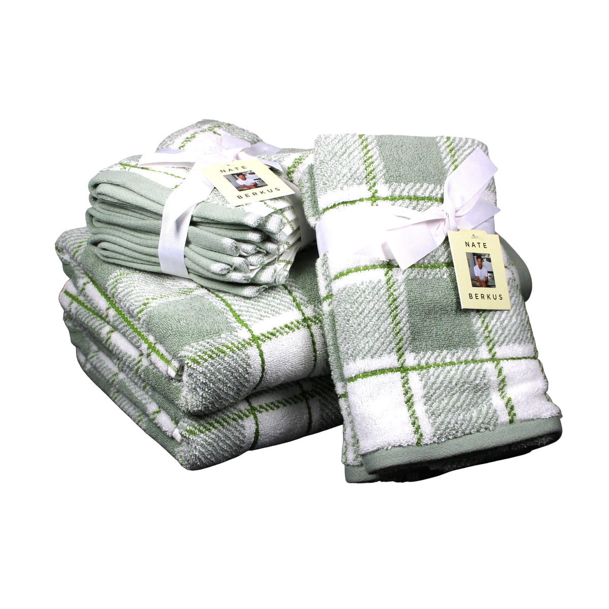 NATE BERKUS 8pc Bath Towel Set Green Plaid 100% Cotton Bath, Hand & Washcloths