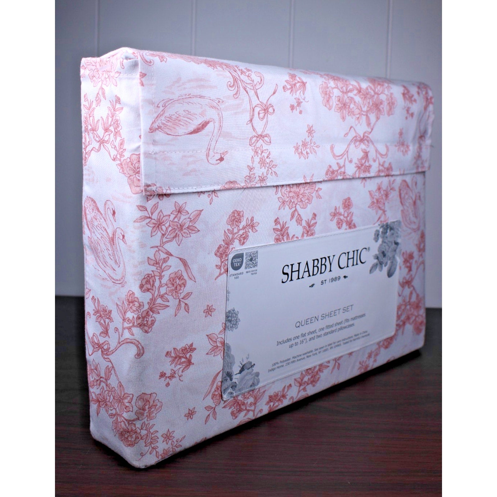 Shabby Chic Queen Sheet Set Swan Floral Coral Pink White Toile Vintage Inspired
