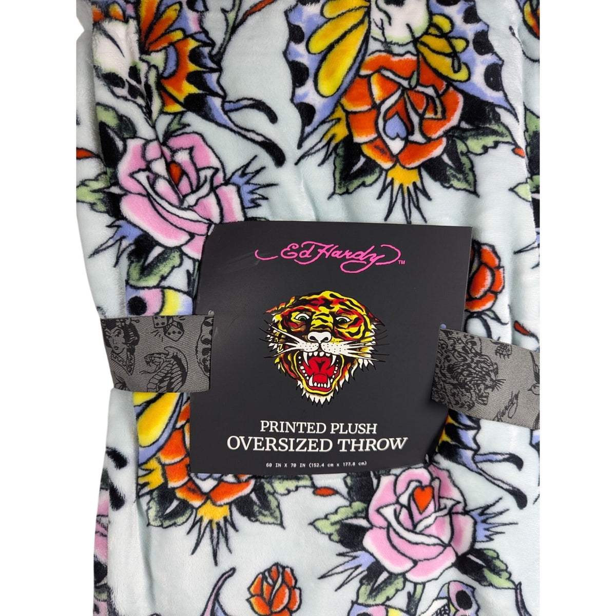 Ed Hardy Plush Oversized Throw Blanket Light Blue w/Skull Butterflies & Flowers