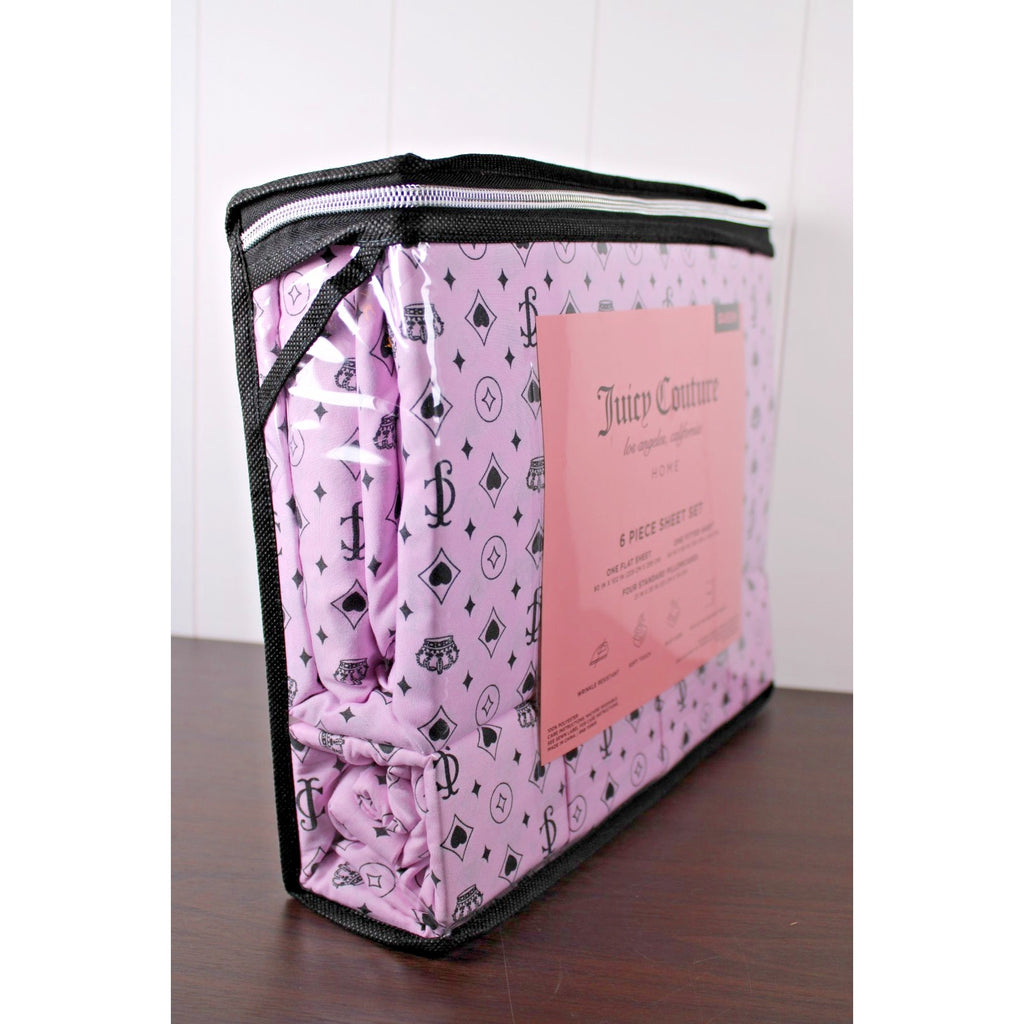 Juicy Couture Queen 6 pc Bed Sheet Set JC Logo Crown Heart Diamond Print