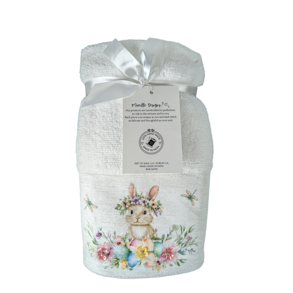 Easter Blessing Beaded Bunny Floral Hand Towels Set of 2, 16x28" 100% Cotton