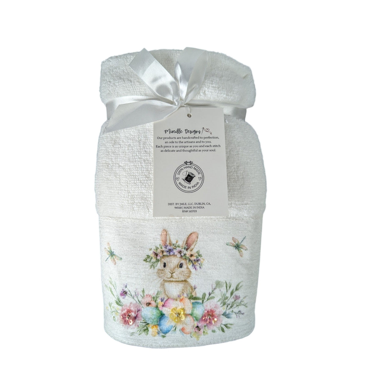 Easter Blessing Beaded Bunny Floral Hand Towels Set of 2, 16x28" 100% Cotton