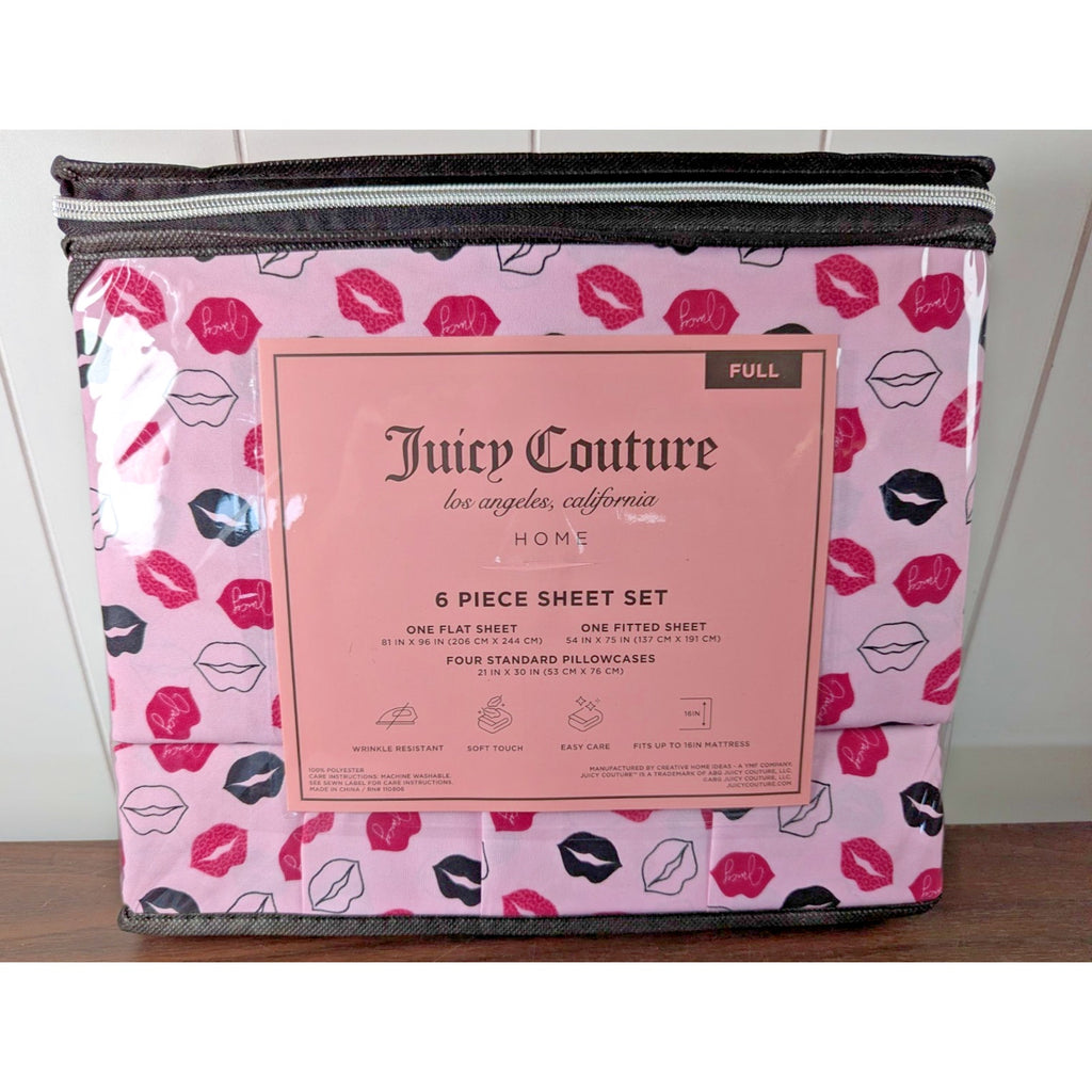 Juicy Couture 6pc. Full Sheet Set Kiss Print Pink, Black, Purple
