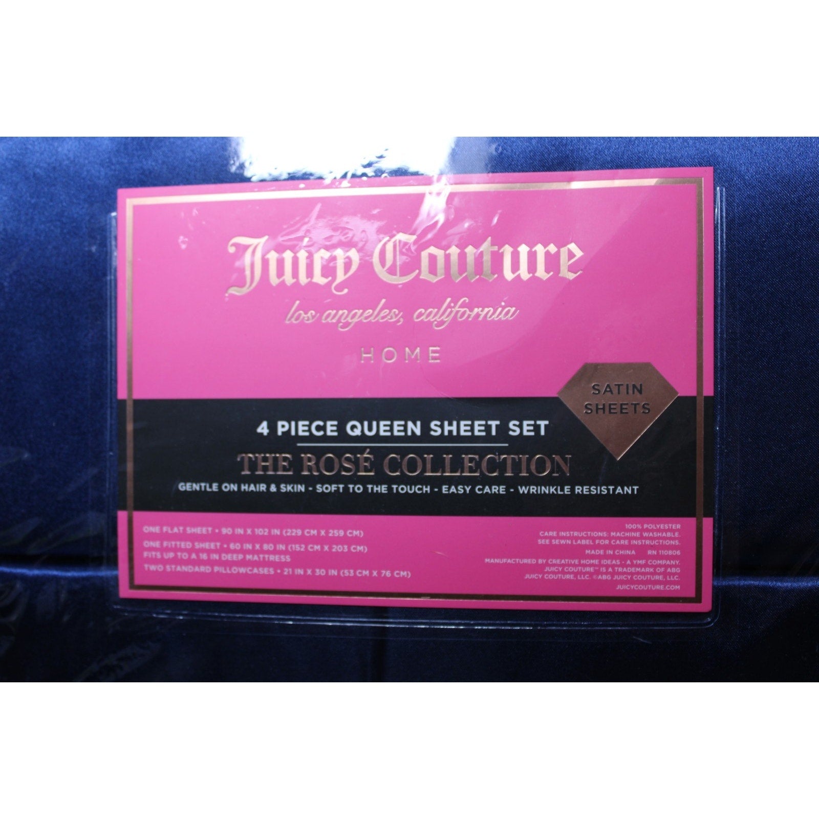 Juicy Couture Royal Blue Satin 4pc QUEEN Sheet Set Easy Care Soft Sleek Smooth