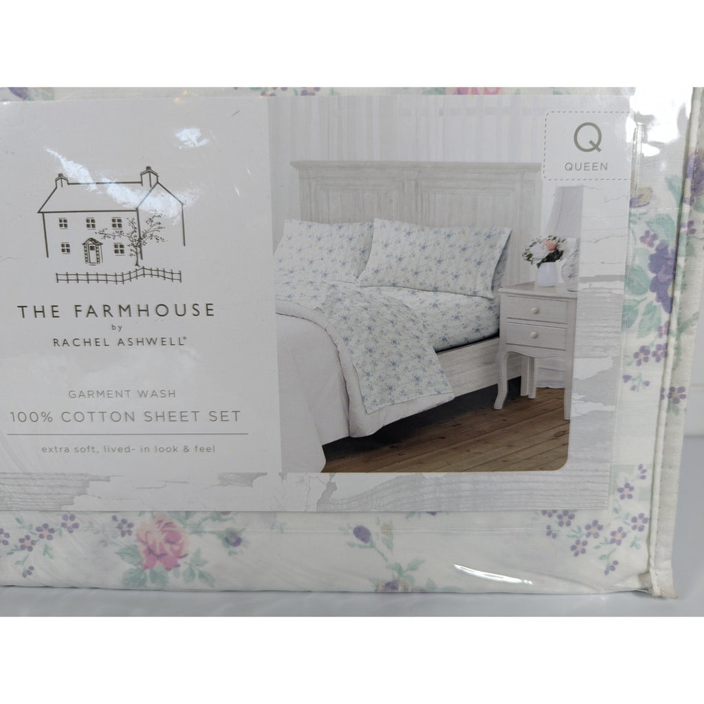 The Farmhouse Rachel Ashwell Purple, Pink, Green Floral Queen Sheet Set, NEW