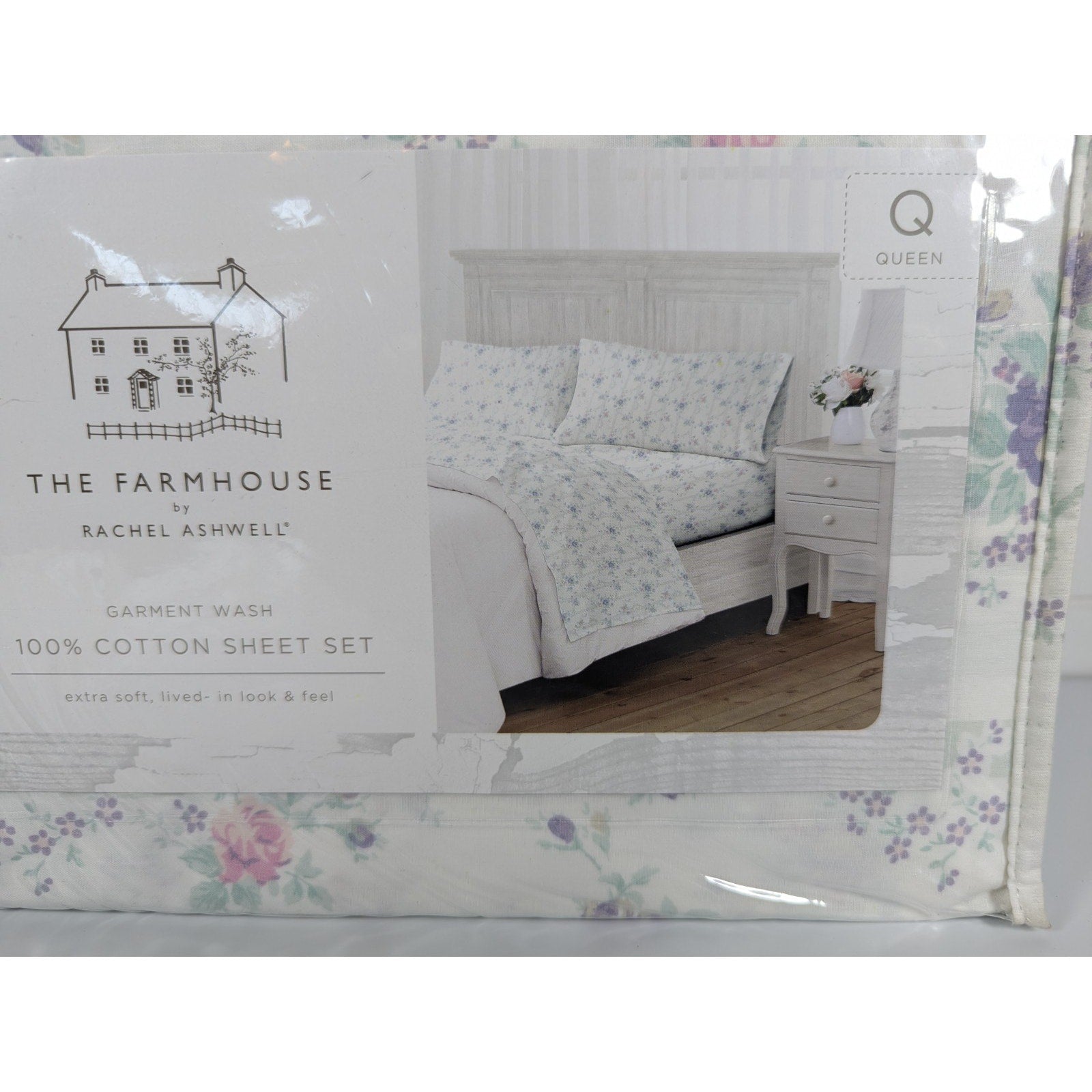 The Farmhouse Rachel Ashwell Purple, Pink, Green Floral Queen Sheet Set, NEW
