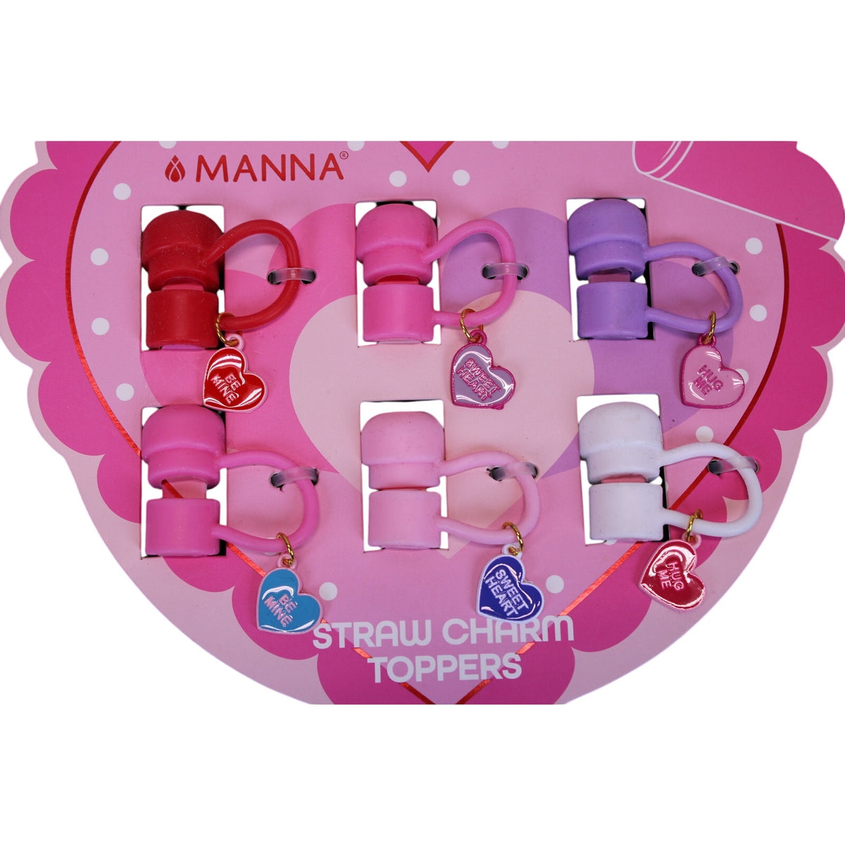Manna 6-Pack Silicone Straw Charm Toppers - Candy Heart Accent Charms
