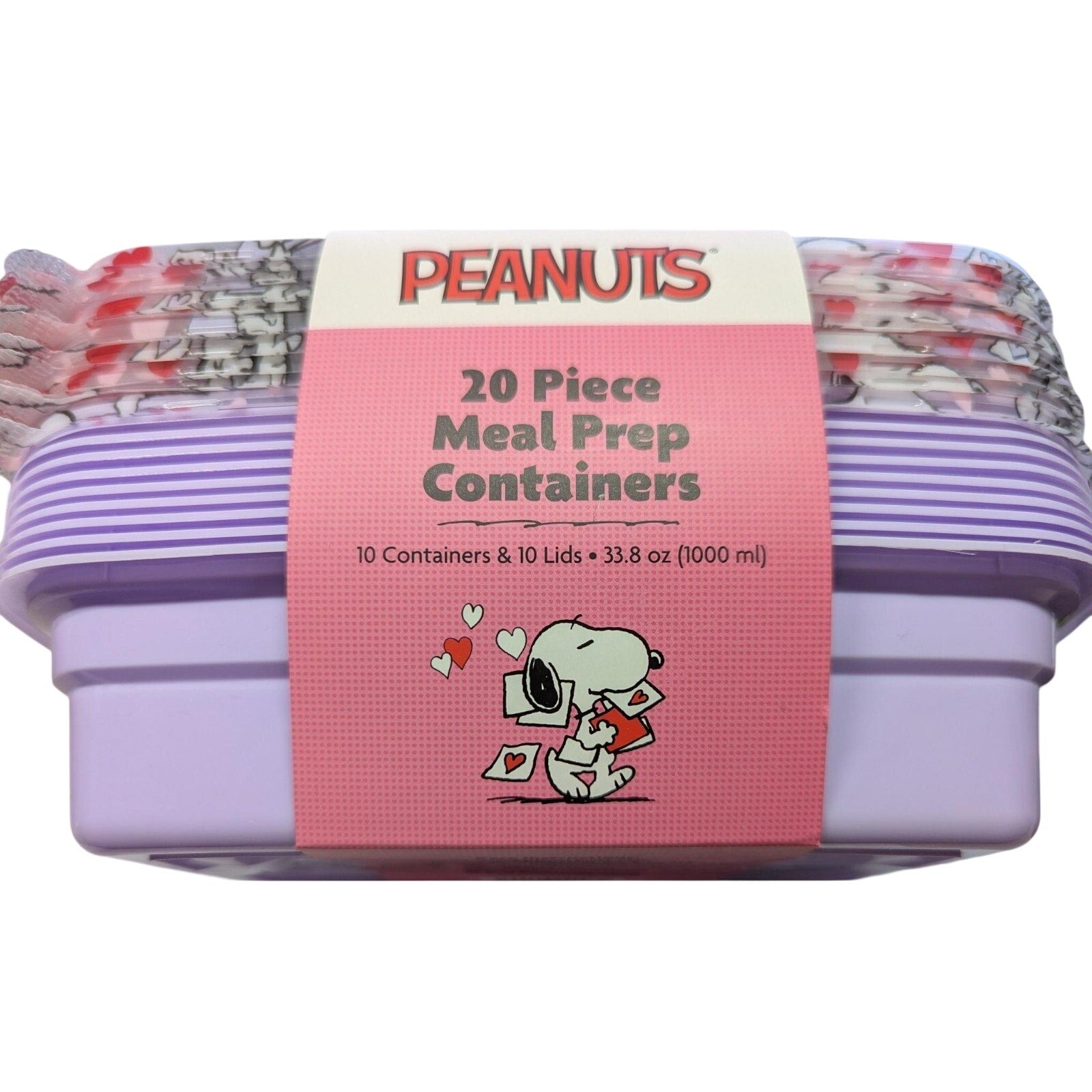 Peanuts Snoopy 20 Piece Meal Prep Food Storage Containers Valentine's Day Pink