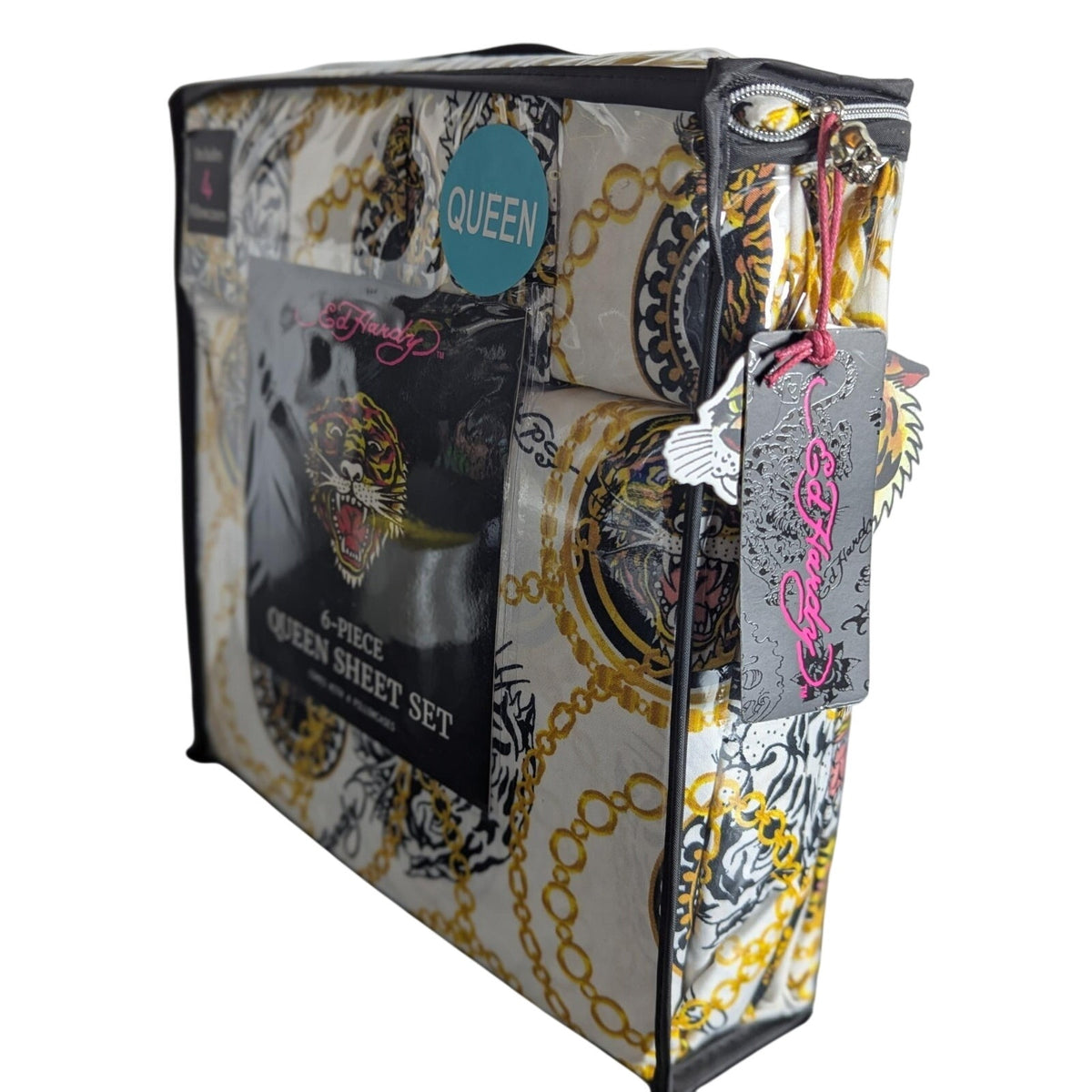 Ed Hardy 6 pc Queen Sheet Set, Tiger, Gold Chain, Tattoo Print w/4 Pillowcases