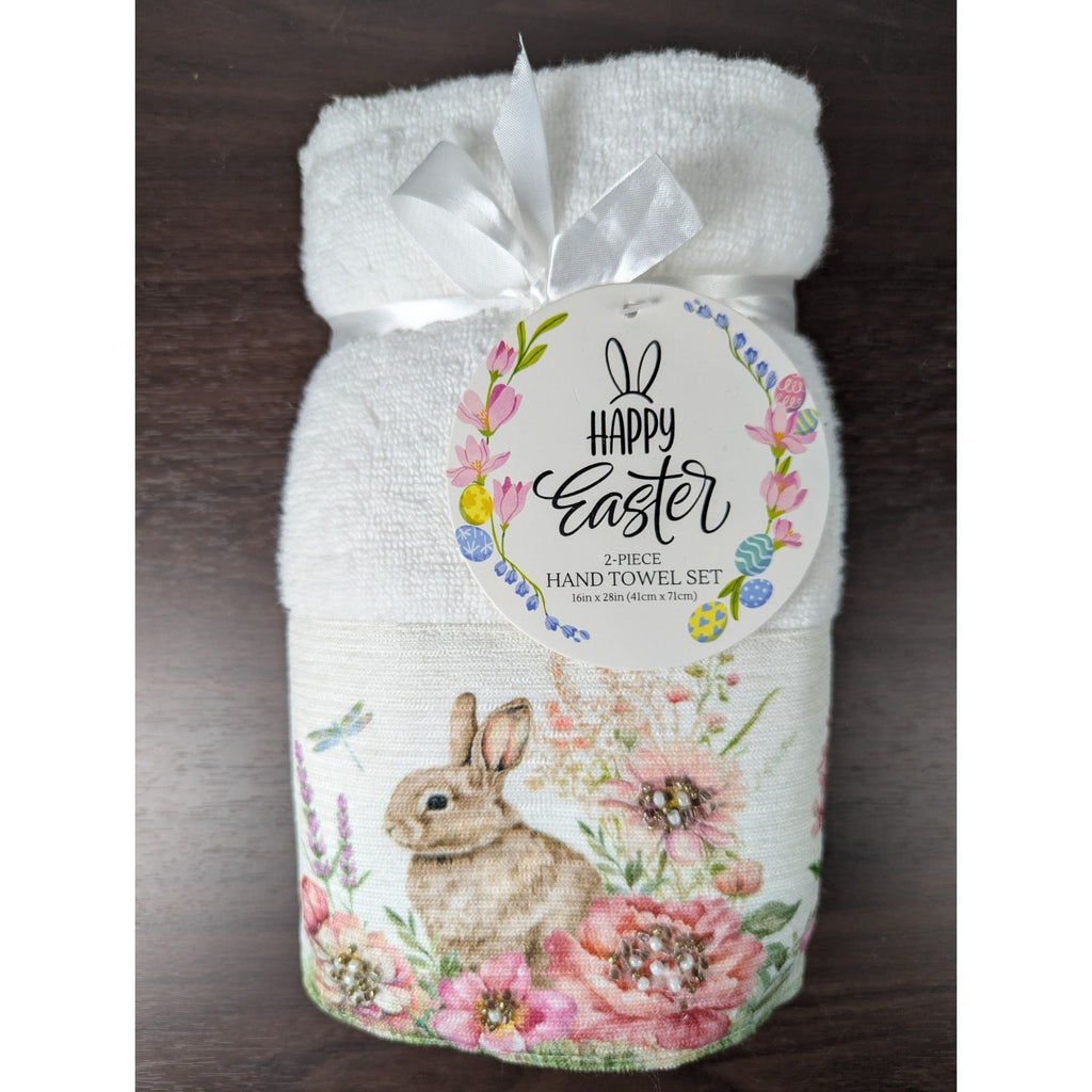 Easter Blessing Beaded Bunny Floral Hand Towels Set of 2, 16x28" 100% Cotton