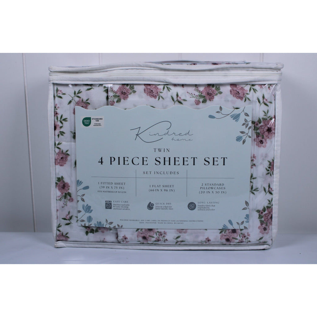 KINDRED HOME 4 PIECE Floral DESIGN TWIN SHEET SET 1 EX PILLOWCASE