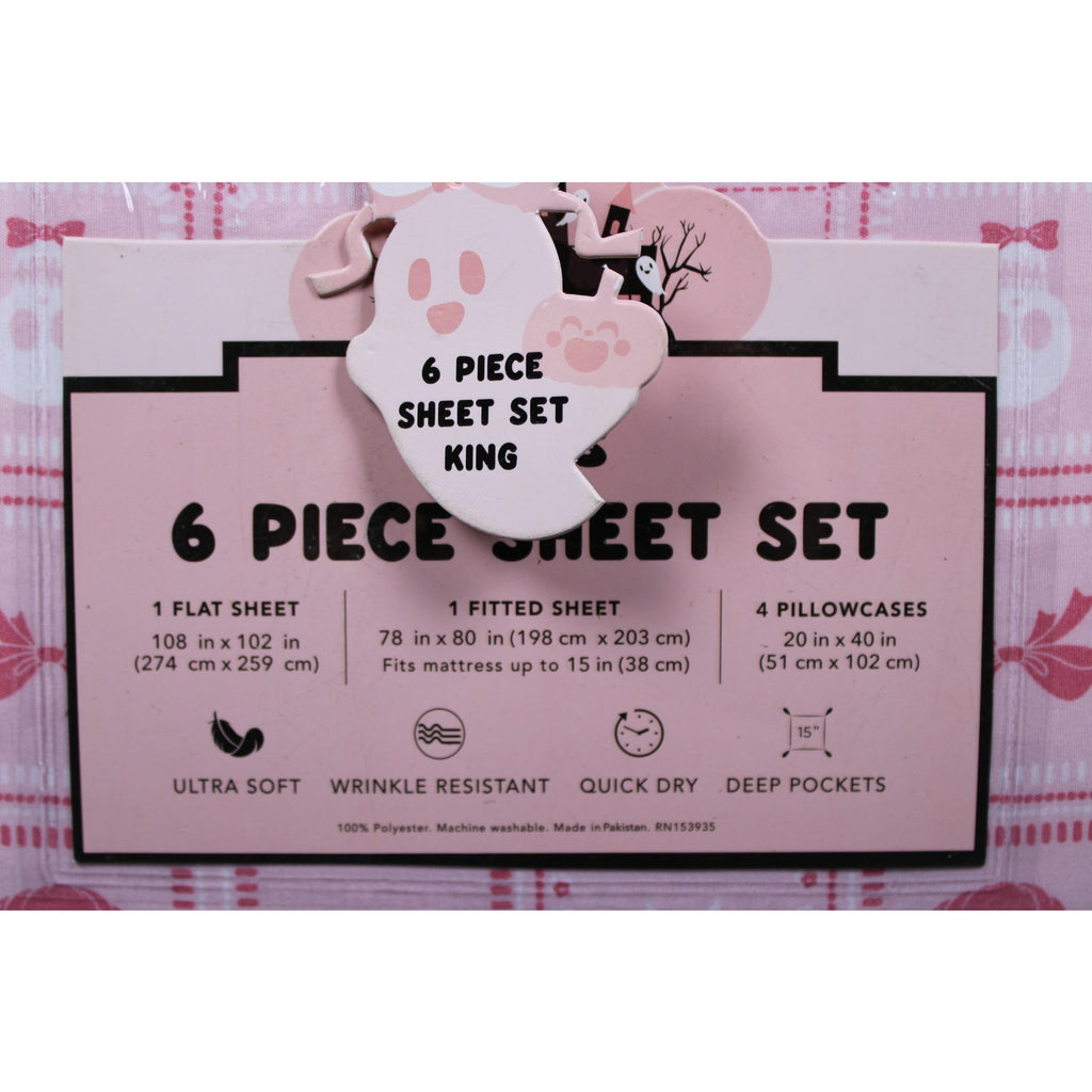 STAY SPOOKY 6pc KING Halloween Skulls / Pumpkins & Bows Pink Sheet Set - NEW
