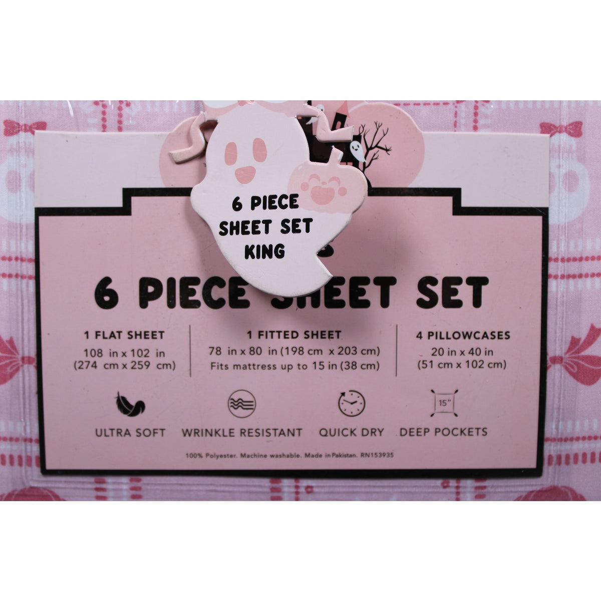 STAY SPOOKY 6pc KING Halloween Skulls / Pumpkins & Bows Pink Sheet Set - NEW