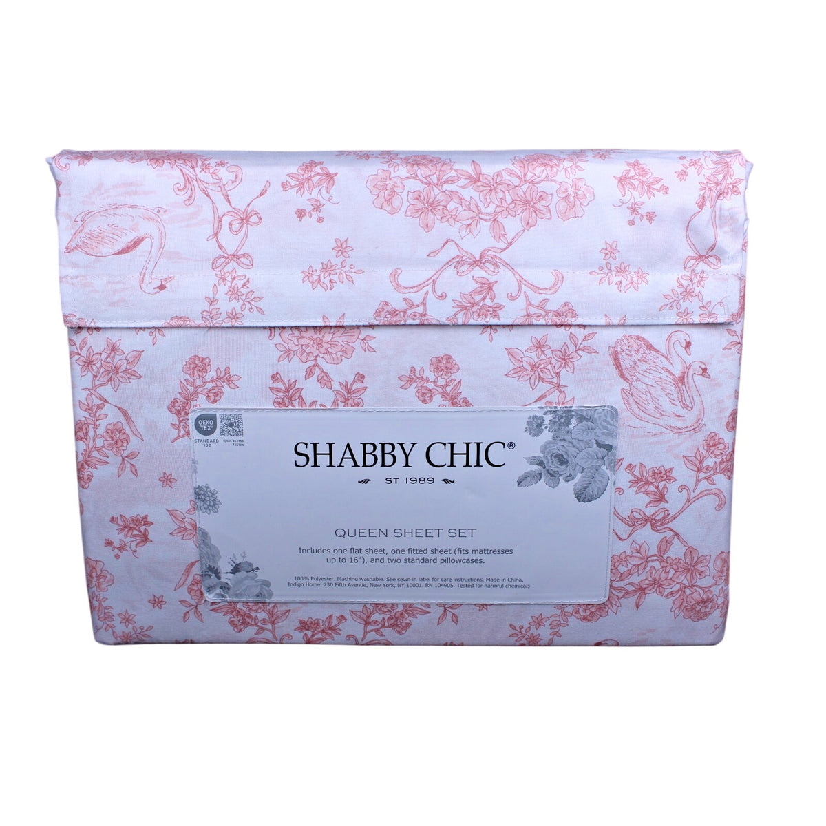 Shabby Chic Queen Sheet Set Swan Floral Coral Pink White Toile Vintage Inspired