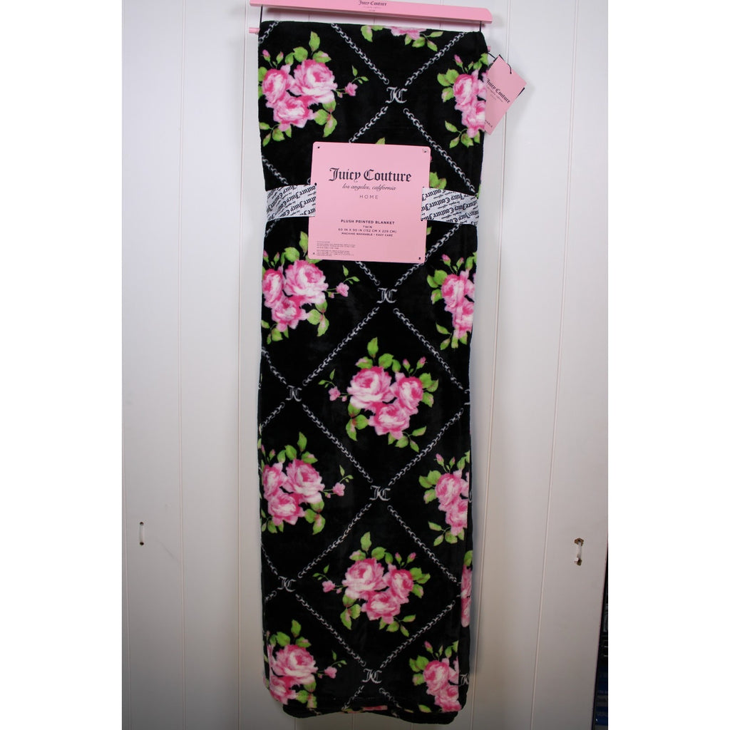 Juicy Couture Black W Pink Roses 60" x 90" Soft Plush Twin Blanket